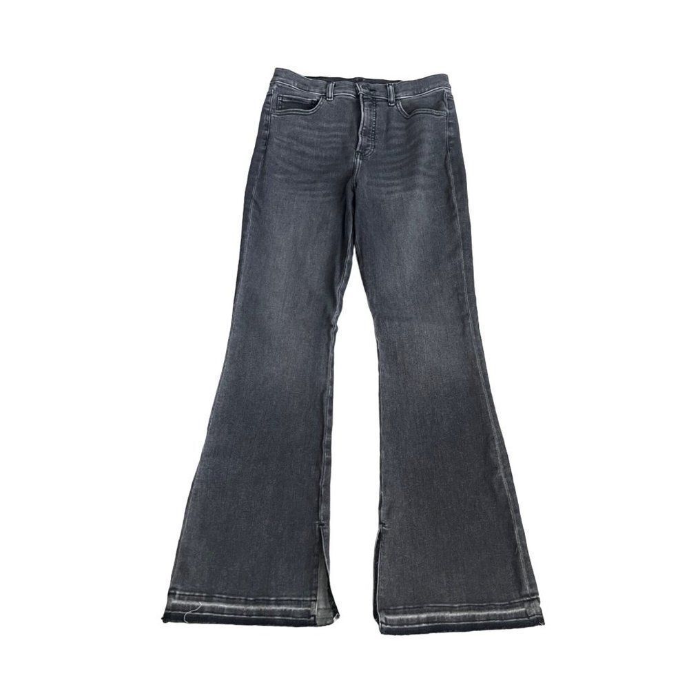 Express High Waisted Gray Side Slit Raw Released Hem Flare stretch Jeans size 10
